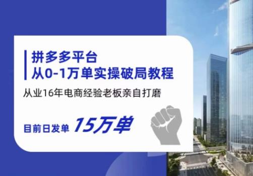 拼多多从0-1万单实操破局教程，从业16年电商经验打磨，目前日发单15万单-汇智资源网