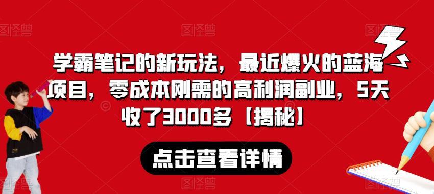 学霸笔记的新玩法，最近爆火的蓝海项目，零成本刚需的高利润副业，5天收了3000多【揭秘】-汇智资源网