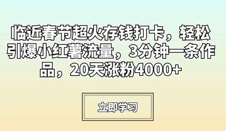 临近春节超火存钱打卡，轻松引爆小红薯流量，3分钟一条作品，20天涨粉4000+【揭秘】-汇智资源网