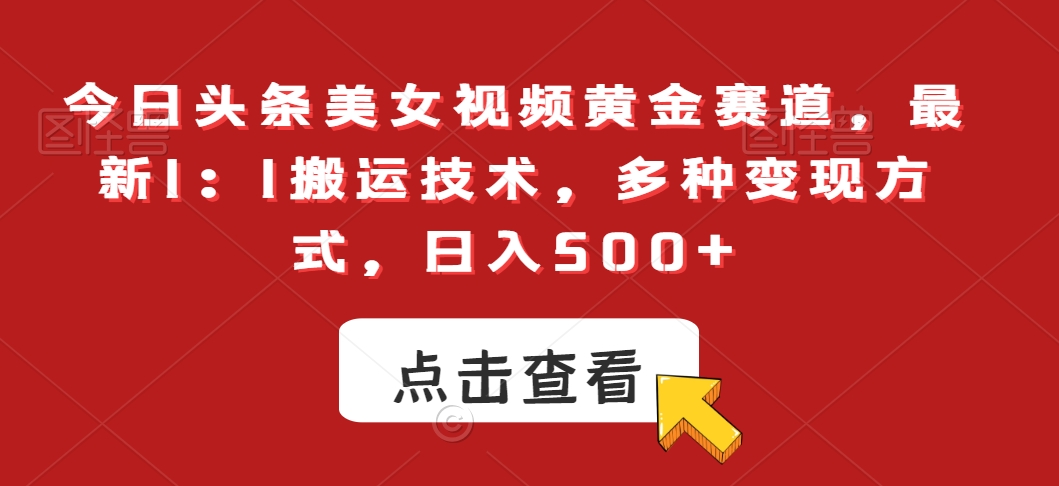 今日头条美女视频黄金赛道，最新1：1搬运技术，多种变现方式，日入500+【揭秘】-汇智资源网