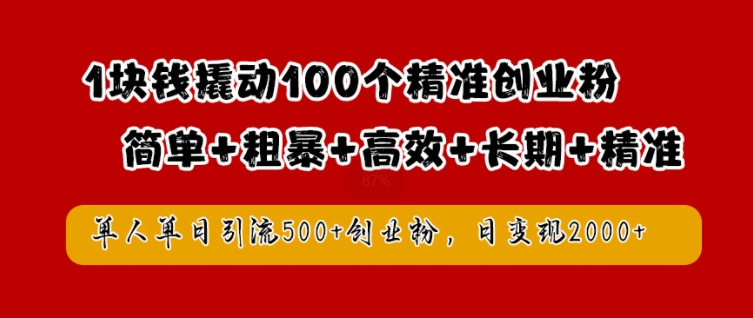 1块钱撬动100个精准创业粉，简单粗暴高效长期精准，单人单日引流500+创业粉，日变现2k【揭秘】-汇智资源网