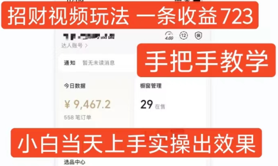 招财视频玩法，一条视频收益723，手把手教学，小白当天可上手-汇智资源网