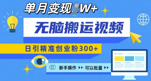 无脑搬运视频号可批量复制，新手即可操作，日引精准创业粉300+，月变现过W 【揭秘】-汇智资源网